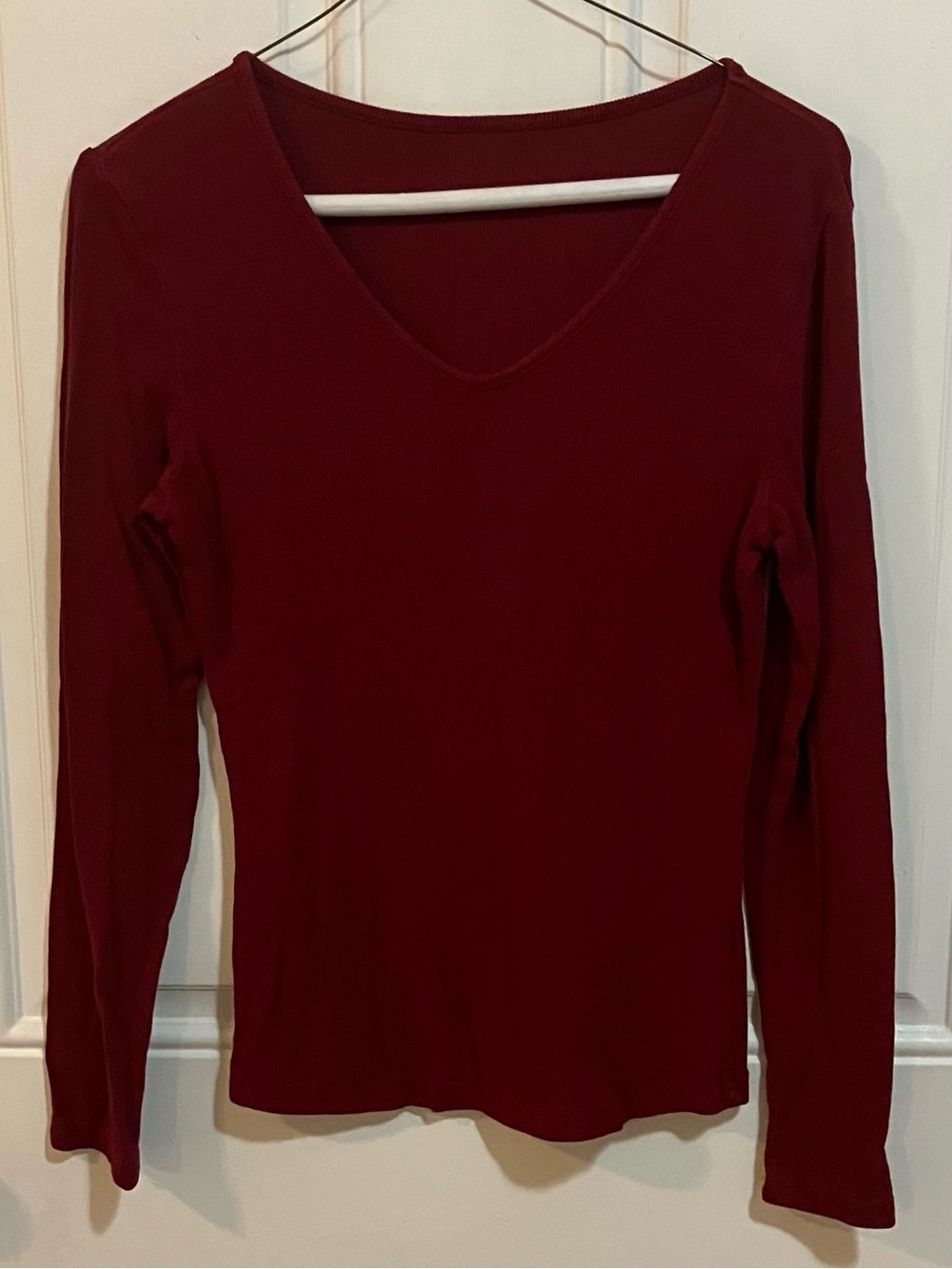 Burgundy Ribbed V-Neck Long Sleeve Top - Size S
